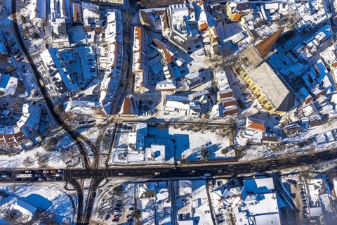 Aerial view, renovation building site Evang. Stadtkirche, editorial building Hellweger Anzeiger,