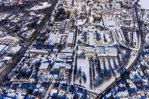 Aerial view, construction site Berliner Allee building with further education centre, educational