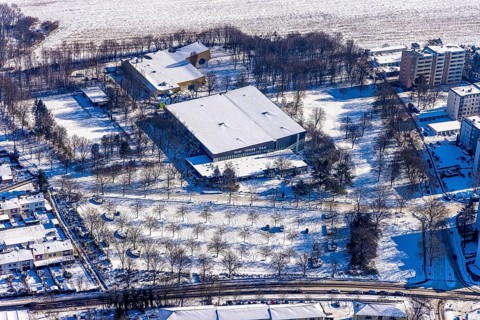 Aerial view, ice rink and swimming pool, Königsborn, Unna, Ruhr area, North Rhine-Westphalia,
