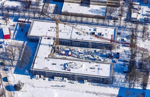 Aerial view, construction site Berliner Allee building with further education centre, educational