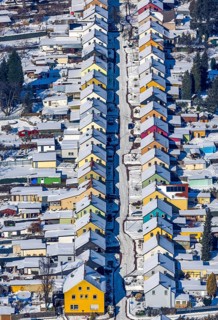 Aerial view, Friedrichstraße colliery housing estate, coloured house facades in the snow,