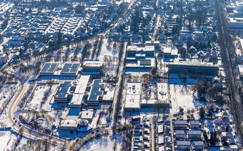Aerial view, construction site Berliner Allee building with further education centre, educational