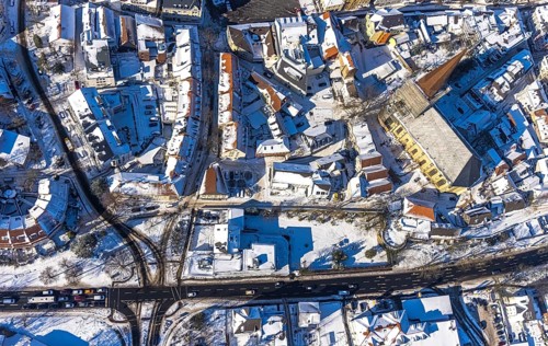 Aerial view, renovation building site Evang. Stadtkirche, editorial building Hellweger Anzeiger,