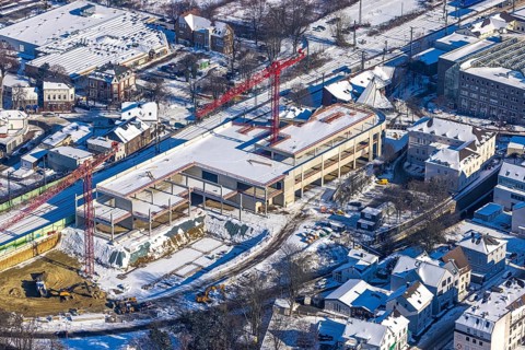 Aerial view, construction site new building shopping centre, former site Mühle Bremme, Unna, Ruhr