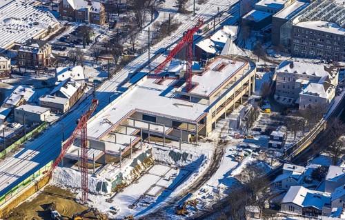 Aerial view, construction site new building shopping centre, former site Mühle Bremme, Unna, Ruhr