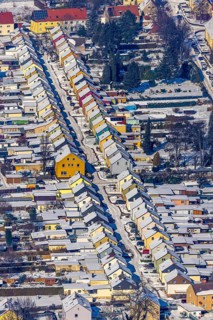 Aerial view, Friedrichstraße colliery housing estate, coloured house facades in the snow,