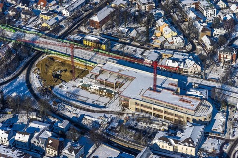 Aerial view, construction site new building shopping centre, former site Mühle Bremme, Unna, Ruhr