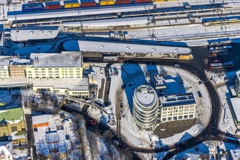 Aerial view, Unna railway station, Hotel Katharinen Hof, Unna, Ruhr area, North Rhine-Westphalia,