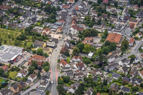 Aerial view, Rewe supermarket with solar roof, Massener Hellweg, primary school Schillerschule,