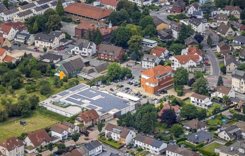 Aerial view, Rewe supermarket with solar roof, Massener Hellweg, primary school Schillerschule,