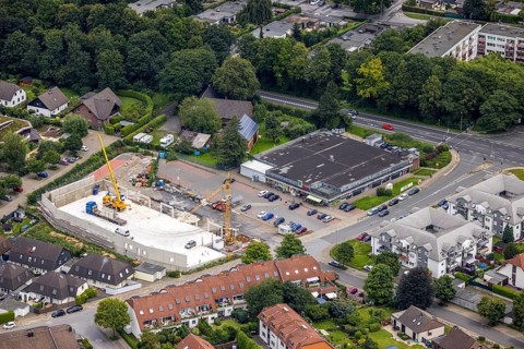 Aerial view, Edeka supermarket and construction site and new building Norma, Am Kastanienhof, Unna,