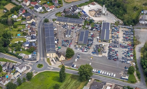 Aerial view, industrial area Nordstraße with solar roof buildings, car yard, Maßen, Unna, Ruhr