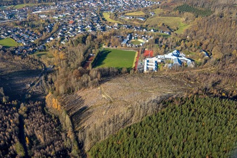 Aerial view, forest area with forest damage and sports and conference centre Hachen in the district