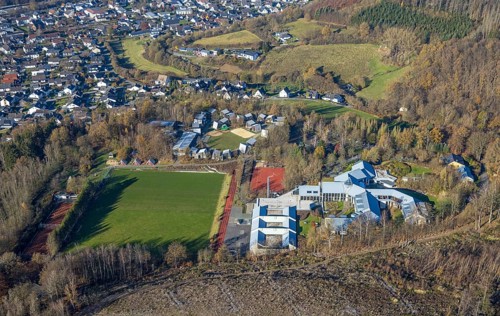 Aerial view, forest area with forest damage and sports and conference centre Hachen in the district