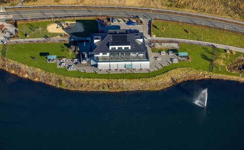 Aerial view, home harbour gastronomy at the lakeside promenade at the Sorpesee in the district