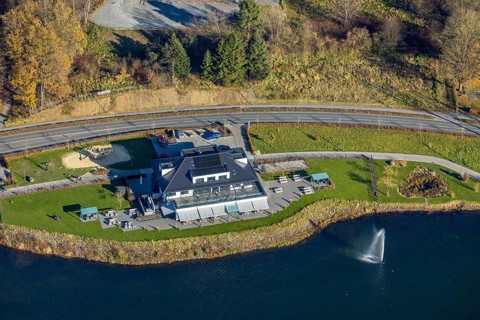 Aerial view, home harbour gastronomy at the lakeside promenade at the Sorpesee in the district