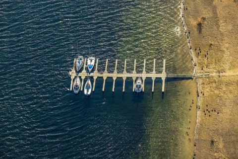 Aerial view, boat landing stage at Lake Sorpe in the district of Langscheid in Sundern, Sauerland,