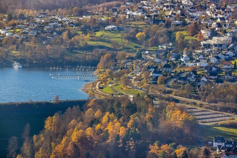 Aerial view, boat moorings Yachtclub Sorpesee am Sorpesee im Ortsteil Langscheid in Sundern,
