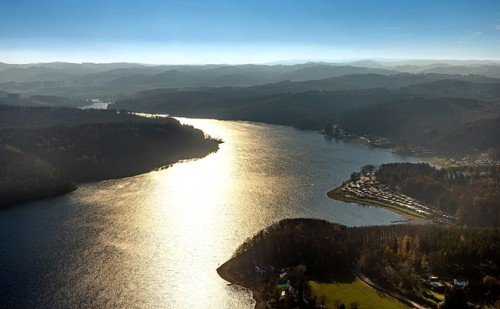 Aerial view, Sorpesee in backlight in the district Langscheid in Sundern, Sauerland, North