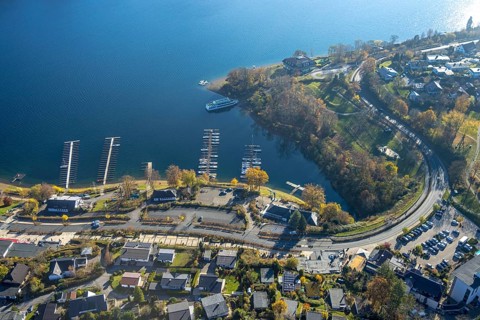 Aerial view, boat moorings Yachtclub Sorpesee am Sorpesee im Ortsteil Langscheid in Sundern,