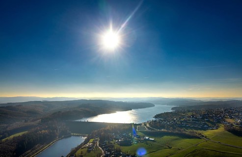 Aerial view, Sorpesee in backlight in the district Langscheid in Sundern, Sauerland, North