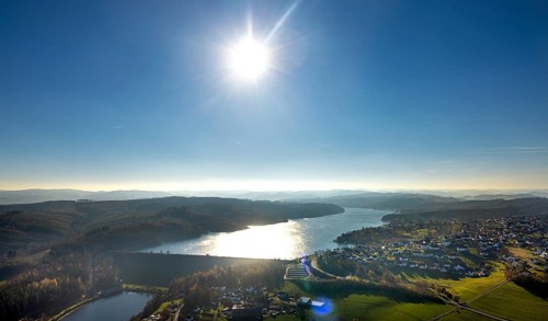 Aerial view, Sorpesee in backlight in the district Langscheid in Sundern, Sauerland, North