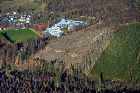 Aerial view, forest area with forest damage and sports and conference centre Hachen in the district