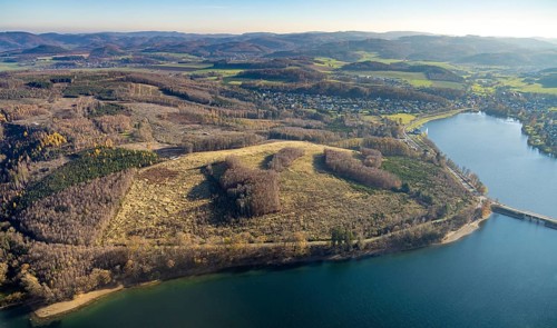 Aerial view, forest area with forest damage at the Sorpe lake in the district of Langscheid in