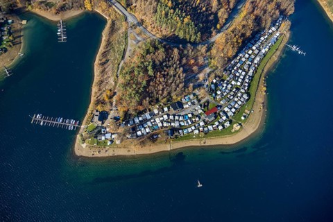 Aerial view, Sorpesee with family camping Sorpesee campsite in the district Langscheid in Sundern,