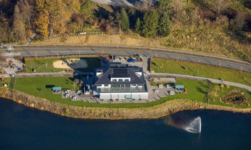 Aerial view, gastronomy home harbour at the lakeside promenade at the Sorpesee in the district