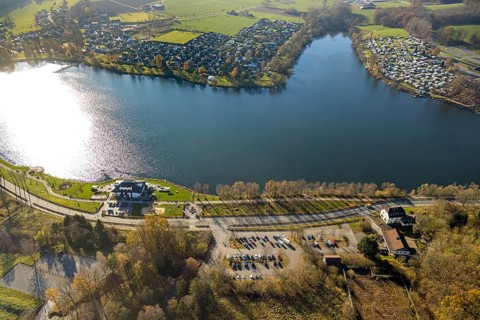 Aerial view, home harbour gastronomy at the lakeside promenade at the Sorpesee in the district