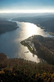 Aerial view, Sorpesee backlit with family campsite Sorpesee Campingplatz im Ortsteil Langscheid in