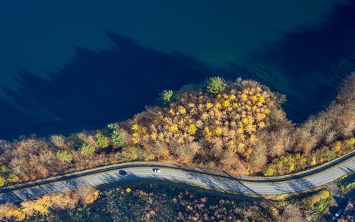 Aerial view, Shoreline forest area shapes and colours at the Sorpe lake in the district Amecke in