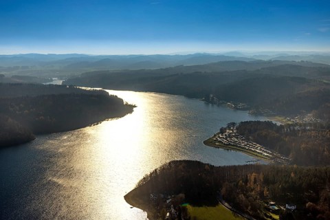 Aerial view, Sorpesee in backlight in the district Langscheid in Sundern, Sauerland, North