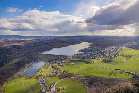 Aerial view, Lake Sorpe with dam, Langscheid, Sundern, Sauerland, North Rhine-Westphalia, Germany,