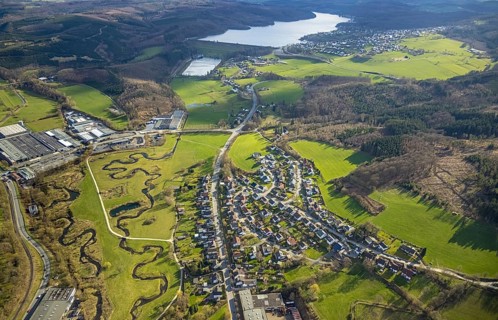 Aerial view, nature reserve Röhr, river Sorpe meander and river Röhr meander in Tiefenhagen near