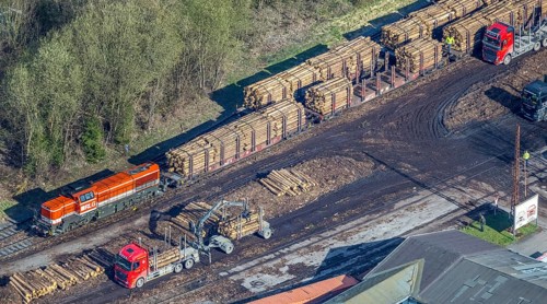 Aerial photo, timber transport and loading at Sundern station, Sundern, Sauerland, North