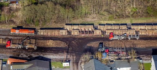 Aerial photo, timber transport and loading at Sundern station, Sundern, Sauerland, North