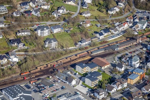 Aerial view, timber transport and loading at Sundern station, Sundern, Sauerland, North