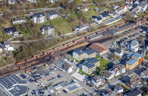 Aerial view, timber transport and loading at Sundern station, Sundern, Sauerland, North