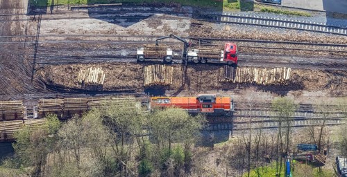Aerial view, timber transport and loading at Sundern station, Sundern, Sauerland, North