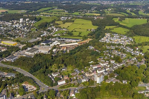 Aerial view, commercial area Berliner Straße and Prinzenstraße in the district Lindenberg in