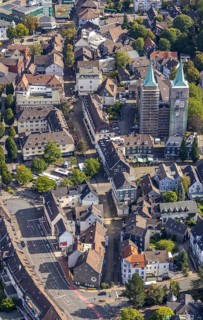 Aerial view, church tower renovation of the evang. Christuskirche in Schwelm, Ruhr area, North