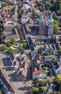 Aerial view, church tower renovation of the evang. Christuskirche in Schwelm, Ruhr area, North