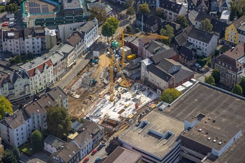 Aerial view, construction site and new building between Neumarkt and Schulstraße in Schwelm, Ruhr
