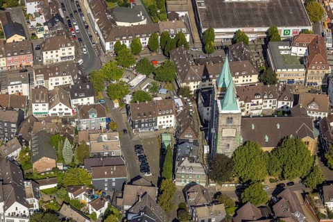 Aerial view, church tower renovation of the evang. Christuskirche and Altmarkt in Schwelm, Ruhr