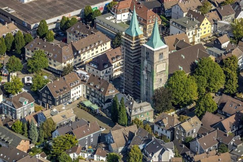 Aerial view, church tower renovation of the evang. Christuskirche and Altmarkt in Schwelm, Ruhr