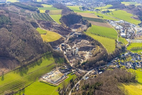 Aerial view, Westenfeld quarry, German asphalt asphalt mixing plant, construction site new