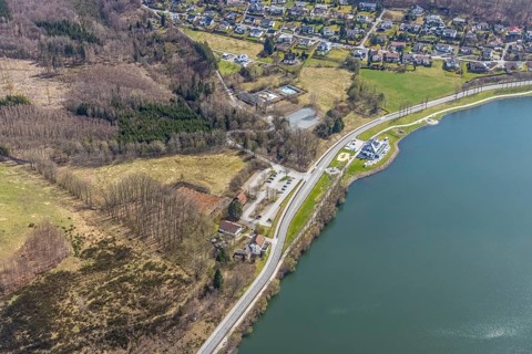 Aerial view, gastronomy home harbour at the lakeside promenade Seestraße, forest damage in the