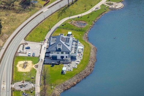 Aerial view, gastronomy home harbour at the lakeside promenade Seestraße, Sorpesee, Amecke,